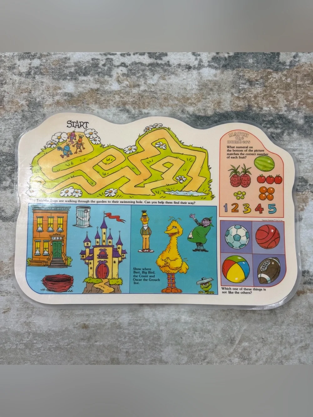 VTG Sesame Street Vinyl 2-side Placemat Big Bird Elmo Grouch Cookie Monster 80s